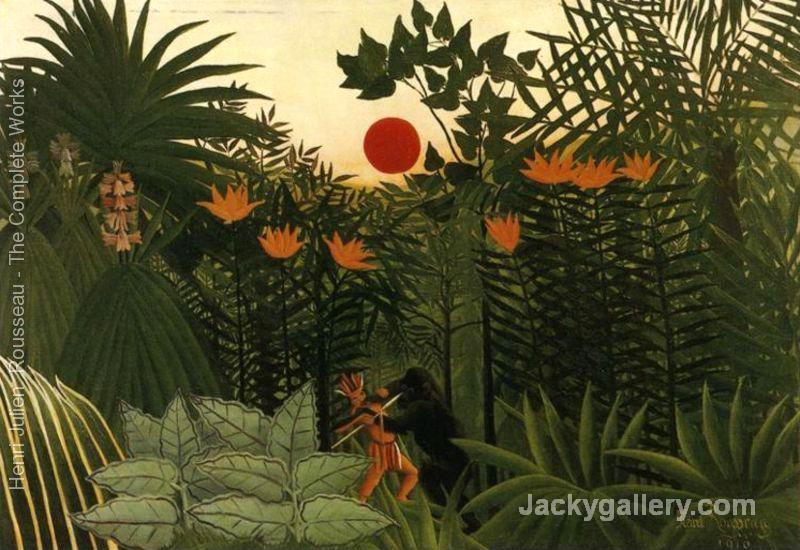 Exotic Landscape, Fight between Gorilla and Indian by Henri Rousseau paintings reproduction